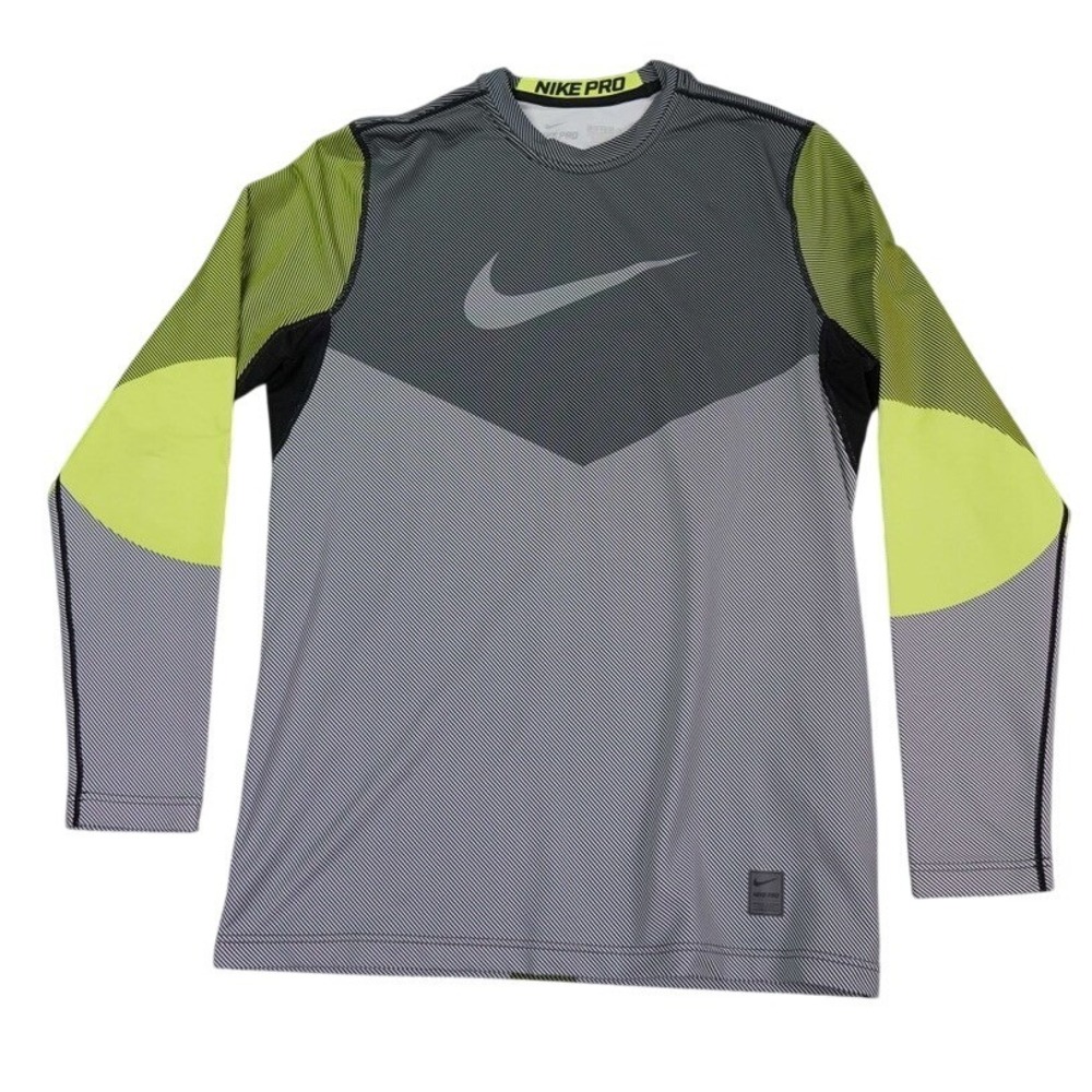 Nike Pro‎ Dri-FIT Shirt Men Medium Grey Volt Yellow Long Sleeve Training Top